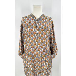 Natalie Martin Blue Block Print Tunic Top Pockets Blouse Popover Blouse Small